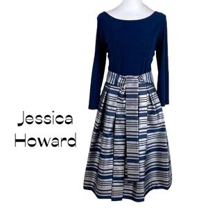 Jessica Howard Navy and Silver Striped Midi Dress